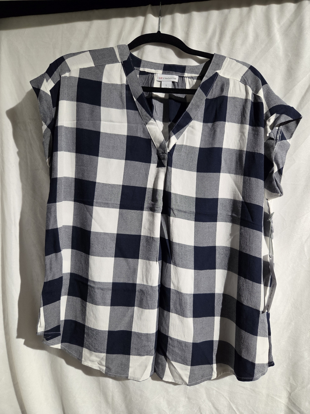 Liz Claiborne Navy and White Buffalo Check Short Sleeve Blouse